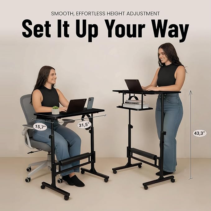Small Rolling Desk with Wheels, Adjustable Height 27"-43.3" Portable Standing Desk, 31.5"x15.7" Tabletop, Mobile Laptop Computer Table for Home Office Workstation, Black
