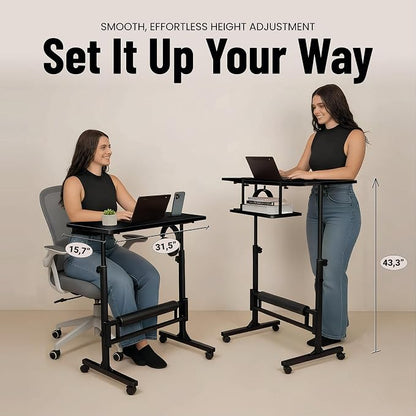 Small Rolling Desk with Wheels, Adjustable Height 27"-43.3" Portable Standing Desk, 31.5"x15.7" Tabletop, Mobile Laptop Computer Table for Home Office Workstation, Black