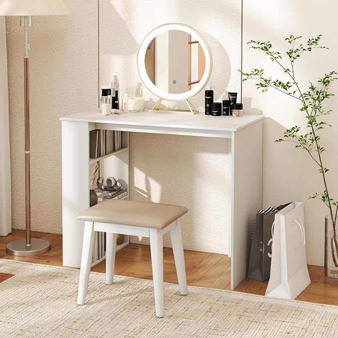 Giantex Small Computer Desk, 35.5 Inch Compact Home Office Desk with Storage Bookshelf, Vanity Table, Modern Laptop Computer Workstation, Student Teen Study Writing Desk for Small Spaces, White