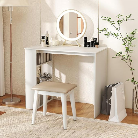 Giantex Small Computer Desk, 35.5 Inch Compact Home Office Desk with Storage Bookshelf, Vanity Table, Modern Laptop Computer Workstation, Student Teen Study Writing Desk for Small Spaces, White