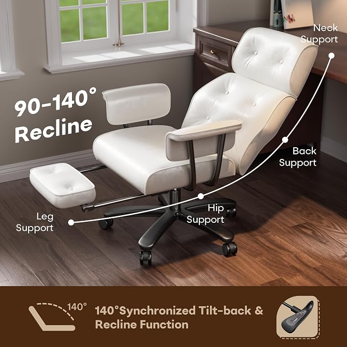 SeekFancy Reclining Criss Cross Office Chair with Wheels & Arms, White | Button-tufted PU leather; retractable footrest; 400 lbs capacity; 10% thickened wide cushion; retro executive design.