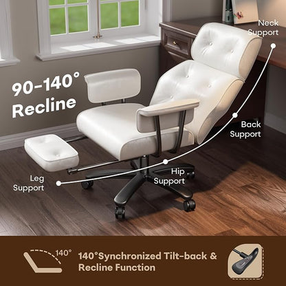 SeekFancy Reclining Criss Cross Office Chair with Wheels & Arms, White | Button-tufted PU leather; retractable footrest; 400 lbs capacity; 10% thickened wide cushion; retro executive design.