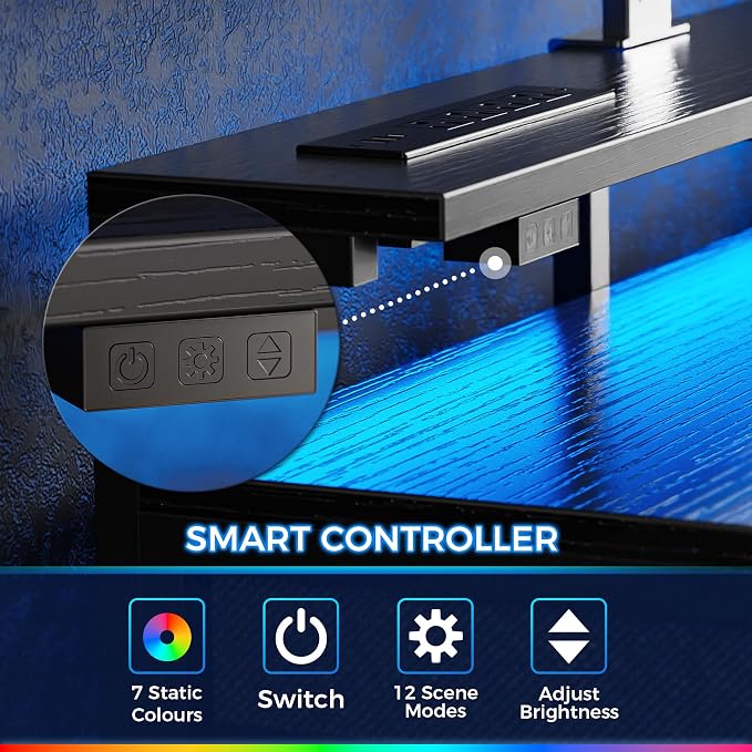 Huuger Gaming Desk with 6 Drawers, Computer Desk with LED Lights Power Outlets and Type-C, 55 Inch Office Desk with Storage, Monitor Stand, Writing Desk Work Desk Home Office, Bedroom, Black, 1CD102B