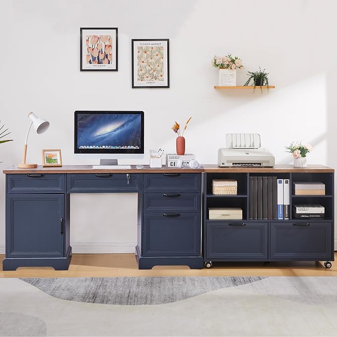 60" Farmhouse Executive Desk with 40" Mobile File Cabinet,L Shaped Desk Set with Charging Station,Office Desk with Storage Drawers,Wood Computer Desk Set for Office Work,Home Study