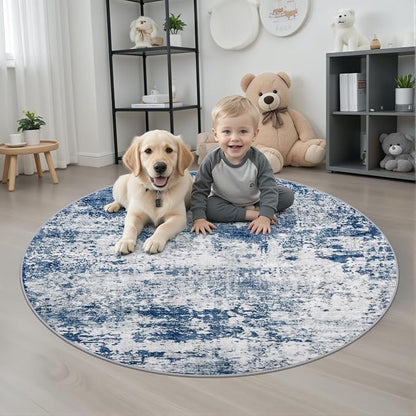 Round Area Rug for Living Room: 5 ft Washable Modern Abstract Soft Thin Rug Indoor Floor No Slip Stain Resistant Carpet for Bedroom Dining Room Farmhouse Nursery Home Office - Blue