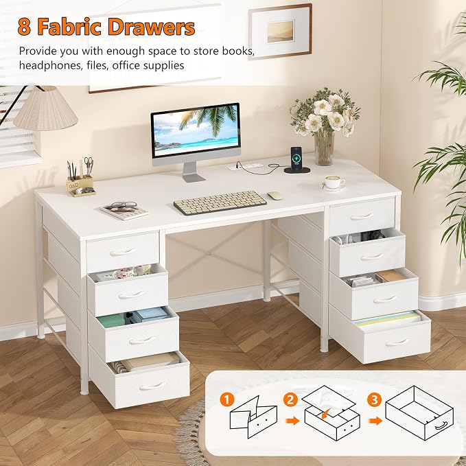 YOMILUVE 50 Inch White Computer Desk with 8 Drawers, Home Office Desk with Power Outlets, Work Study Gaming Desk with 8 Fabric Drawers, White