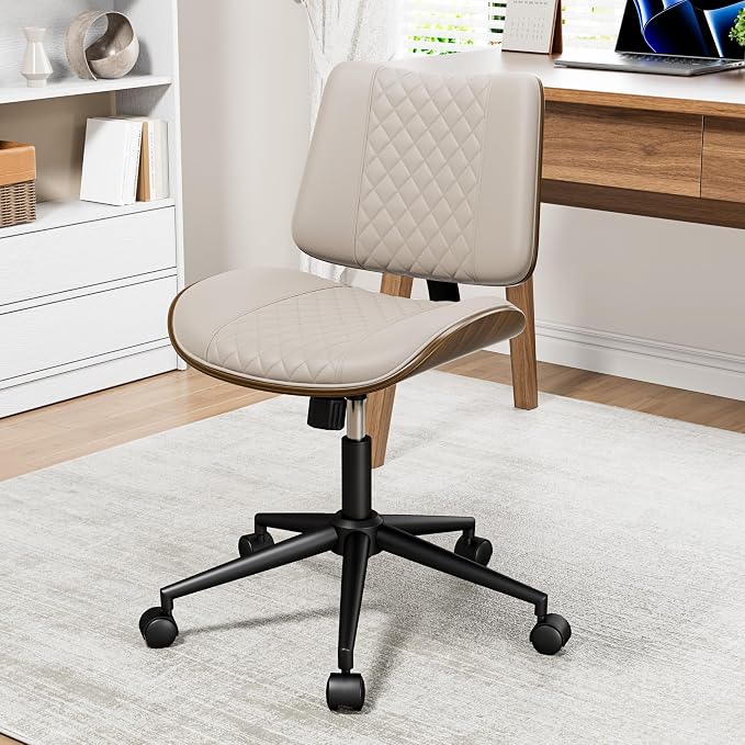 REONEY Home Armless Office Chair, Modern Walnut Desk Chair with Wheels, Adjustable Swivel Rolling Task Chair with Curved Back for Reading,Meeting Room,Beige