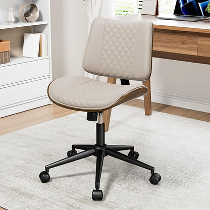 REONEY Home Armless Office Chair, Modern Walnut Desk Chair with Wheels, Adjustable Swivel Rolling Task Chair with Curved Back for Reading,Meeting Room,Beige