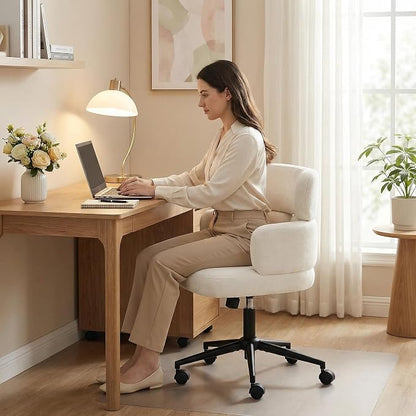 Home Office Chair with Unique Curved Back, Wide Seat Computer Desk Chair with Wheels,Swivel Tilt & Height Adjustable, Plush Chenille Fabric Matel Base for Home Office, Beige