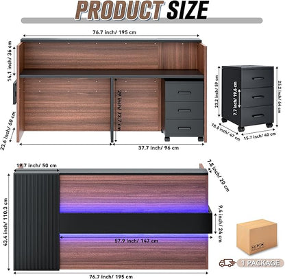L-Shaped Executive Desk with LED Lights, Modern Reception Desk with AC Power Outlets/USB/Type-C, Executive Workstation with Locked Storage Cabinet, for Office (Black/Brown, 76.7"L/23.6“W/43.4”H)