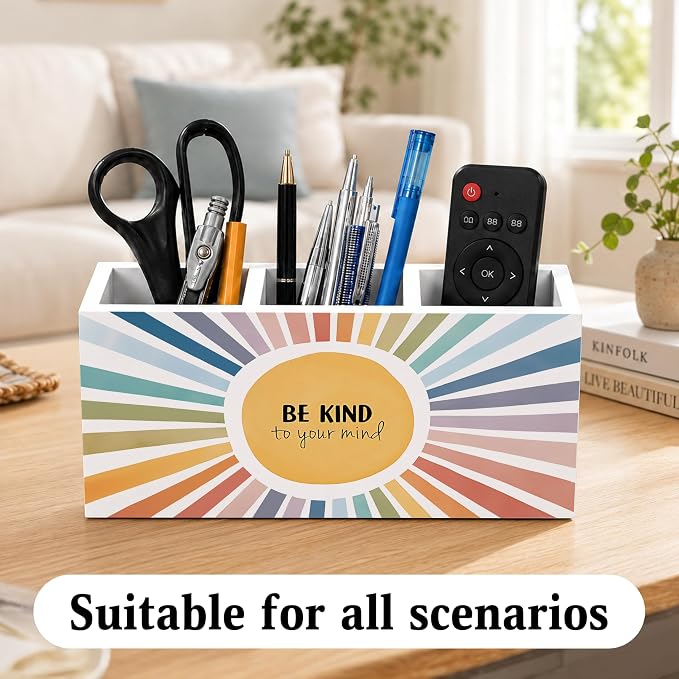 Boho Sunshine Mental Health Pen Holder for Desk, Inspirational Be Kind to Your Mind Wooden Box Sign Desk Decor for Classroom Home Office Decoration, Colorful Sun Pencil Organizer