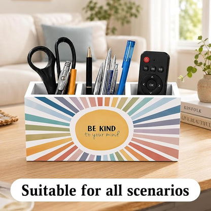 Boho Sunshine Mental Health Pen Holder for Desk, Inspirational Be Kind to Your Mind Wooden Box Sign Desk Decor for Classroom Home Office Decoration, Colorful Sun Pencil Organizer
