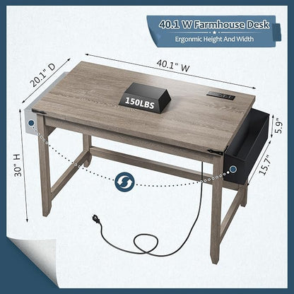 EnHomee 40 Inch Small Desk with Storage Bag Detachable,Study Desk with Power Outlet, Modern Simple Home Vanity Desk and Writing Desk for Small Spaces, Bedroom,Ash Gray
