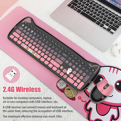 Cute Cat 2.4G USB Wireless Keyboard and Mouse Combo, Silent Keys, Candy Colors, Compatible with Notebook, PC (BlackPink-110Keys)