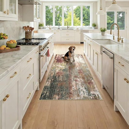 RELEANY Washable Area Rugs 3x6 Non-Slip Modern Abstract Soft for Living Room Entryway Bedroom Kitchen, Print Pattern, Brown Rust Red Green Blue Multi