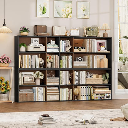 FOTOSOK 71'' Tall Bookshelf with 14 Cubes, 7 Tier Double Wide Wood Bookshelf with 6 Adjustable Shelves, 19.6" Narrow Bookcase DVD/CD Media Storage, Space Saving Display Shelf Cabinet, Black/Brown