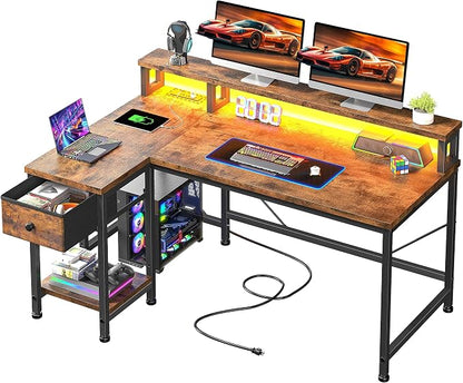DurayLoly 40" L- Shaped Computer Desk with LED Lights & Power Outlet,Gaming Desk with Monitor Stand for Gamer,Home Office Desk with Drawer for Student Study Room,Bedroom,Small Working Room,Brown