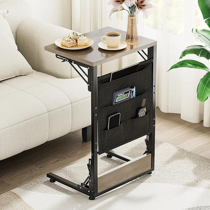 Folding TV Tray Table, 28.8" Tall C-Shaped Side Table for Couch and Bed, Slide Under Sofa Side Desk with Storage Bag - Sturdy Metal Frame Tray for Living Room, Bedroom, Home & Office (Oak Gray)