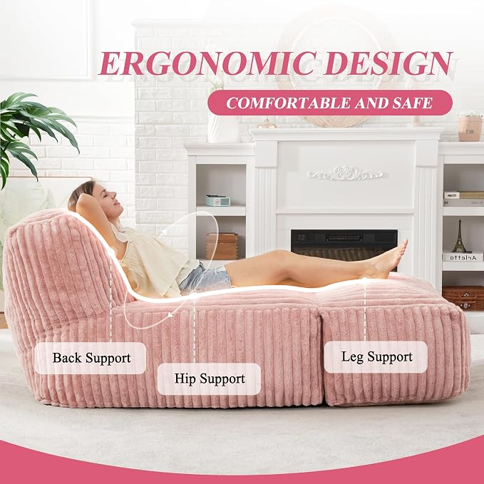 Hobestluk Giant Memory Foam Bean Bag Chairs Sofa for Adults (Pink,Large) | Soft Fabric,Ergonomic Back Support,Lightweight,Easy Clean,No Assembly,Wear-resisting,For Livingroom Guest room,Well-looking