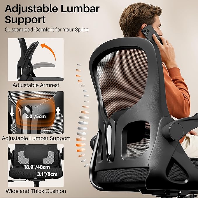 Office Chair Ergonomic Desk Chair, Adjustable Lumbar Support Rolling Swivel Comfy Chair with Space-Saving Flip Up Armrests,Mesh Gaming Chair for Business Work Office & Home, Black 2pcs