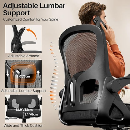 Office Chair Ergonomic Desk Chair, Adjustable Lumbar Support Rolling Swivel Comfy Chair with Space-Saving Flip Up Armrests,Mesh Gaming Chair for Business Work Office & Home, Black 2pcs