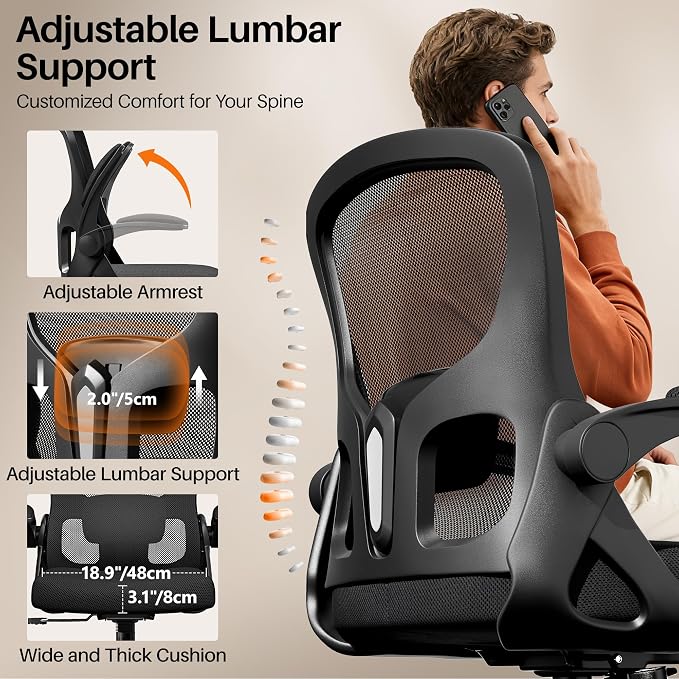 Office Chair Ergonomic Desk Chair, Adjustable Lumbar Support Rolling Swivel Comfy Chair with Space-Saving Flip Up Armrests,Mesh Gaming Chair for Business Work Office & Home, Black 8pcs