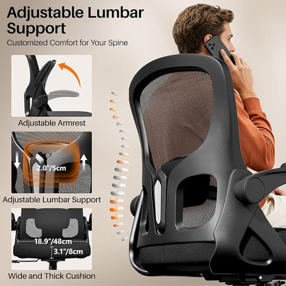 Office Chair Ergonomic Desk Chair, Adjustable Lumbar Support Rolling Swivel Comfy Chair with Space-Saving Flip Up Armrests,Mesh Gaming Chair for Business Work Office & Home, Black 8pcs