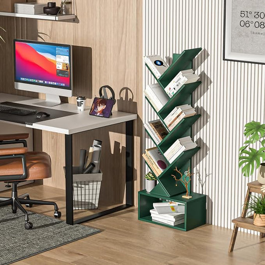 SHEEPAM 9 Tier Tree Bookshelf,Christmas Green Bookcase for Narrow Space, Storage Organizer Floor Standing Bookshelves for Books, Tall Book Case for Home Office, Living Room, Bedroom
