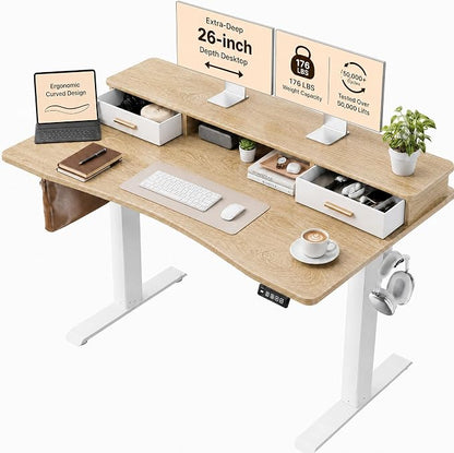 Grandder Electric Standing Desk with Two Drawers, Curved Desktop Sit to Stand Up Height Adjustable Desk with Storage Shelf for Home Office, 47 * 26 Inch, Ergonomic Adjustable Computer Desk, Oak