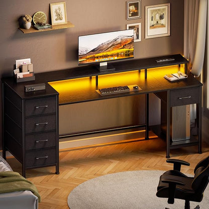Korfile 61 Inch Computer Gaming Desk with Power Outlets & LED Lights Reversible Home Office Desk with Adjustable 5 Fabric Storage Drawers for Working Writing Study, Black