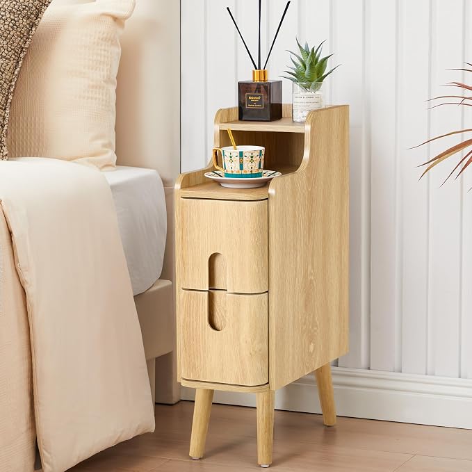 Narrow End Table Living Room, Wooden Small 2 Drawer Nightstand Bedroom, Thin Couch Side End Table, Vintage Skinny Bedside Table Small Spaces, Mid Century Modern Night Stand with Drawers (Natural-1 pc)