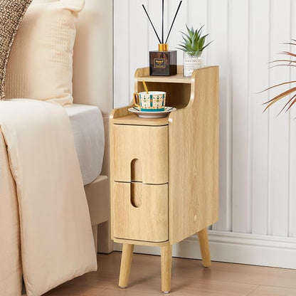 Narrow End Table Living Room, Wooden Small 2 Drawer Nightstand Bedroom, Thin Couch Side End Table, Vintage Skinny Bedside Table Small Spaces, Mid Century Modern Night Stand with Drawers (Natural-1 pc)