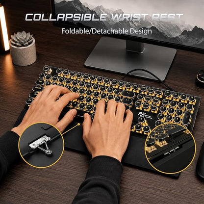 RK ROYAL KLUDGE S108 Typewriter Mechanical Keyboard, Wired Gaming Keyboard with Number Pad, Full Size Retro Keyboards w/Detachable Wrist Rest for Mac/Win/PC, Clicky Blue Switch, Yellow Backlit Black