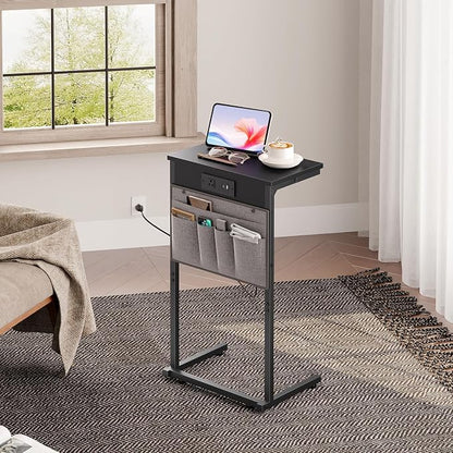 HOOBRO C Shaped End Table with Charging Station, 28" H Couch Side Table Slide Under, Sofa Arm Tray Table with Storage Bag for Living Room, Recliner, Black BB70USF01