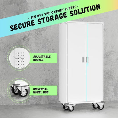 INTERGREAT Metal Storage Cabinet with Wheels, 72" Locking Storage Cabinets with Door and 4 Shelves, Tool Storage Locker on Casters for Home Office, White…
