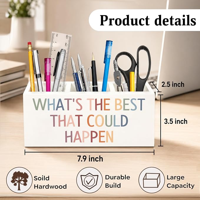 Motivational Boho Pen Holder for Desk, What's the Best That Could Happen Positive Affirmation Wooden Box Sign Desk Decor for Home Office Decoration, Inspirational Pencil Organizer