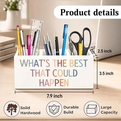 Motivational Boho Pen Holder for Desk, What's the Best That Could Happen Positive Affirmation Wooden Box Sign Desk Decor for Home Office Decoration, Inspirational Pencil Organizer