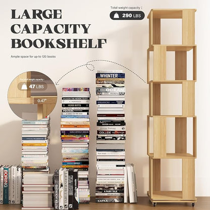 5 Tier Solid Wood Rotating Bookshelf Tower on Wheels, 360° Upgrade Spinning Book Shelf, Revolving Bookcase Organizer, Swivel Bookshelves for Small Spaces, Corner, Bedroom, Kids Room (Warm Wood)