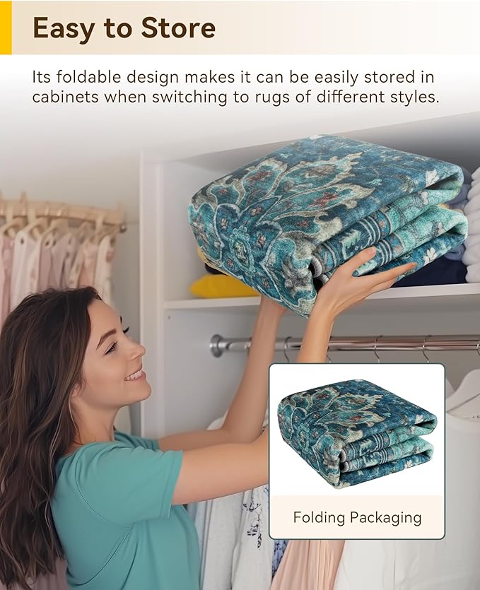 RELEANY Area Rugs Round 6ft Washable Non-Slip, Floral Vintage Distress Medallion Carpet for Living Room Bedroom Dining Room, Teal Green Lake Blue Turquoise