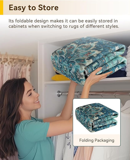 RELEANY Area Rugs Round 8ft Washable Non-Slip, Floral Vintage Distress Medallion Carpet for Living Room Bedroom Dining Room, Teal Green Lake Blue Turquoise