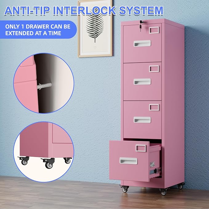 Aobabo 4 Drawer File Cabinet with Lock, Metal Vertical Filing Cabinet with Wheels, Anti-Tilt Interlock System, Locking Office Storage for Letter/Legal Files,Pink,Required Assembly