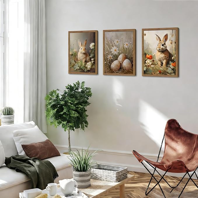 Vintage Easter Bunny Wall Art Set of 3, Spring Easter Rabbit Eggs Canvas Wall Decor Paintings, Rustic Farmhouse Animal Artwork Prints Pictures for Living Room Bedroom Bathroom 16x24 Inch Framed