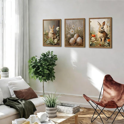 Vintage Easter Bunny Wall Art Set of 3, Spring Easter Rabbit Eggs Canvas Wall Decor Paintings, Rustic Farmhouse Animal Artwork Prints Pictures for Living Room Bedroom Bathroom 16x24 Inch Framed