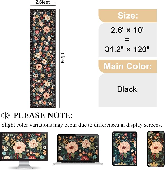 DUKINO Runner Rug for Hallway, 2.6x10 Washable Floral Long Kitchen Rug with Non Slip Backing, Boho Lightweight & Stain Resistant Soft Runners for Indoor Entrance, Laundry, Living Room, Bedroom, Black