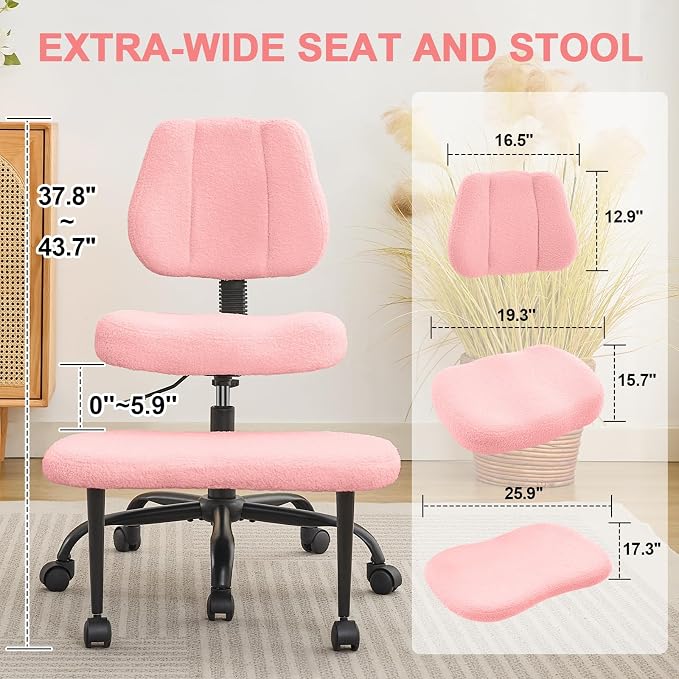 Criss Cross Legged Meditaion Chair,Exquisite Home Office Furniture,Ergonomic Kneeling with Lumbar Support and Adjustable Height Stool,for ADHD Adults,Teddy Fabric (Pink, Teddy Fabric)