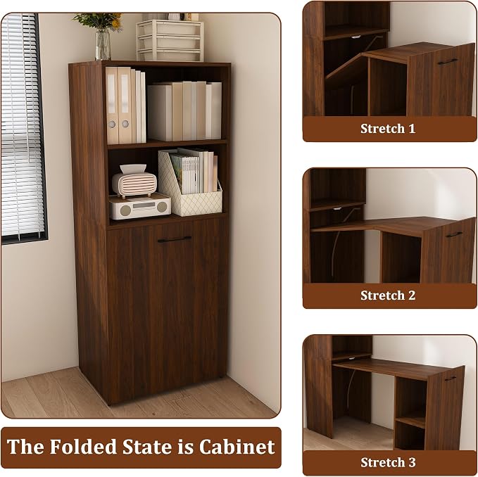 Runboll Expandable and Foldable L Shaped Desk, Mobile Computer Desk with Storage Shelves & Lockable Wheels, Compact Rolling Workstation for Small Space Home Office, Walnut