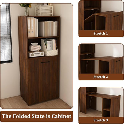 KEIKI Home Office Stretchable Desks with Storage Shelves and Mobile Wheels, Modern Wood Foldable Desk Gaming Computer Corner Table for Apartments Work, Study, Writing