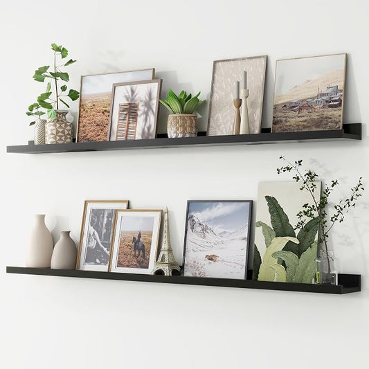 FLYJOE Picture Ledge Shelf, Floating Shelves Set of 2, 56 Inches Long Large Nursery Book Shelves for Toys Storage, Kids Bookshelf Wall Mounted for Living Room Bedroom Decor Books Photo Frames, Black