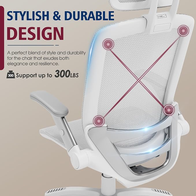 GABRYLLY Ergonomic Office Chair, High Back Home Desk Chair with Headrest, Flip-Up Arms, 90-120° Tilt Lock and Wide Cushion, 300LBS Mesh Chairs for Man Woman, White Task Chair(Grey,GY01WG)