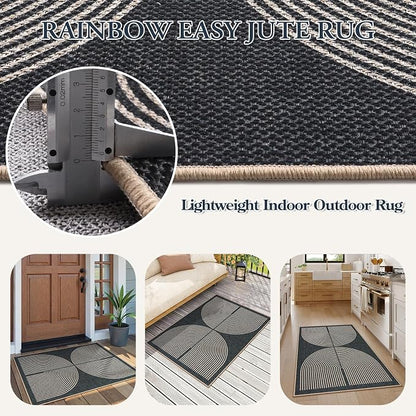 Lahome Enfys Rainbow Easy Jute Rug, 32"x48" Door Mat Black Indoor Outdoor Neutral Entryway Rug, Farmhouse Non Slip Non Shedding Lightweight Kitchen Mats for Floor Entrance